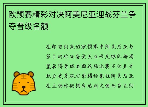 欧预赛精彩对决阿美尼亚迎战芬兰争夺晋级名额